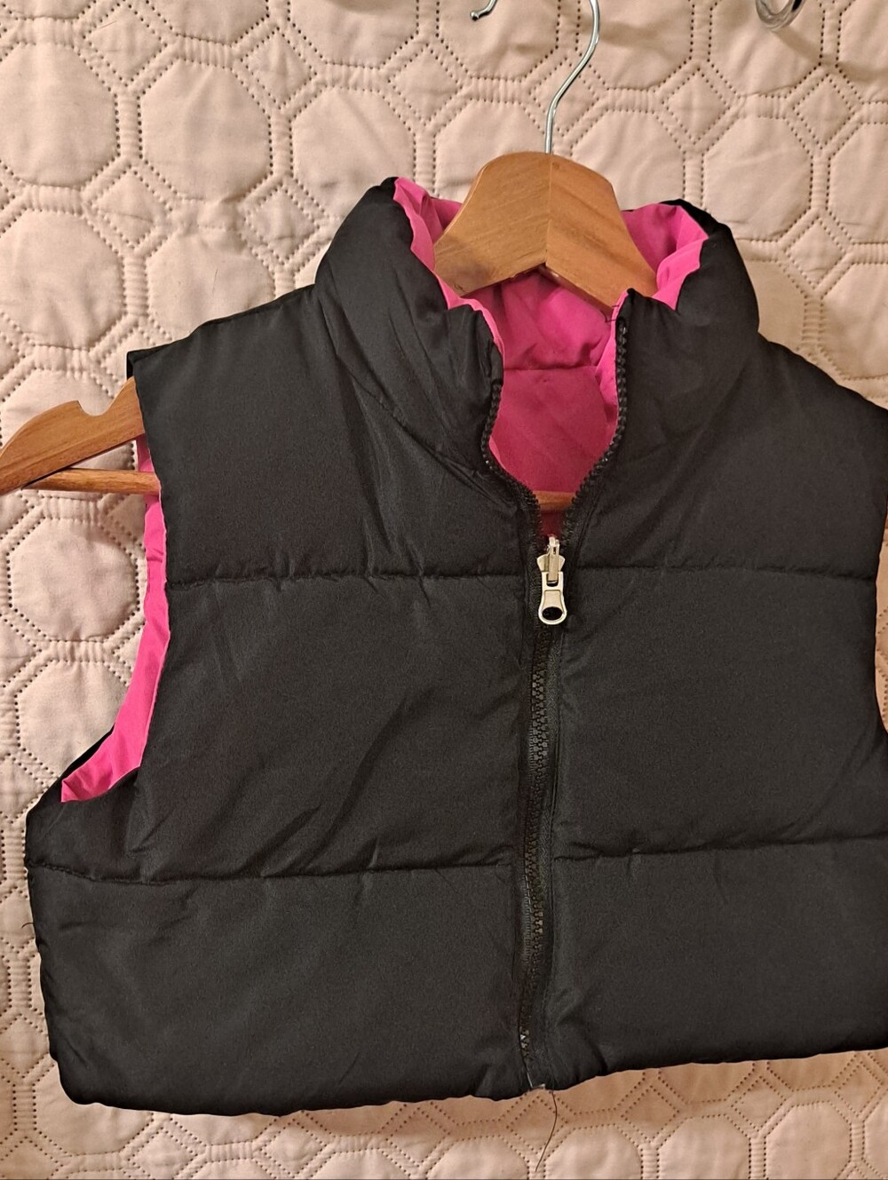 Kids Reversible Puffer Vest - Black with Pink Lining 8Y Youth